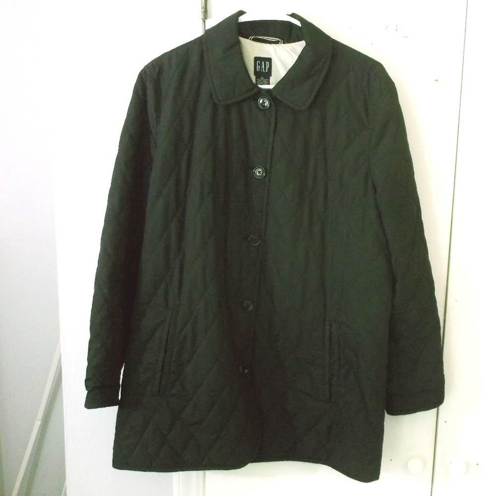 GAP Black Quilted Car Coat Jacket L Polyester